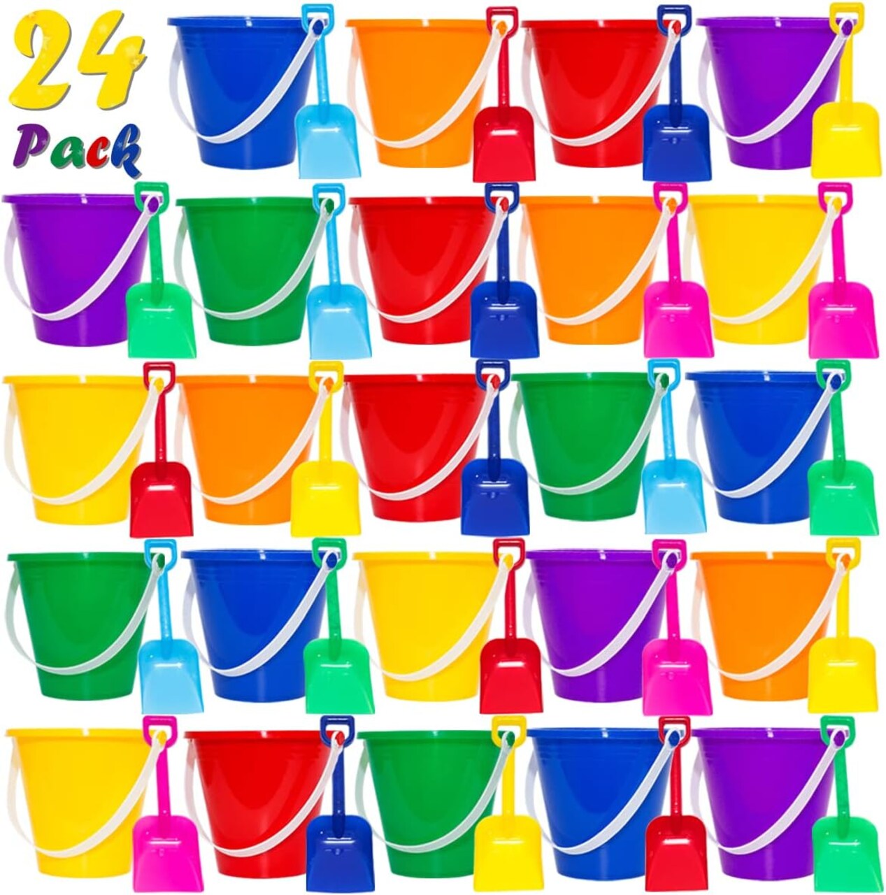 24 Pack Beach Buckets and Shovels Set for Kids, 5.28 Inch Colorful Sand Pails with Sand Shovels, Summer Beach Toys for Sandcastle Building, Party Favors, Sandbox and Outdoor Play
